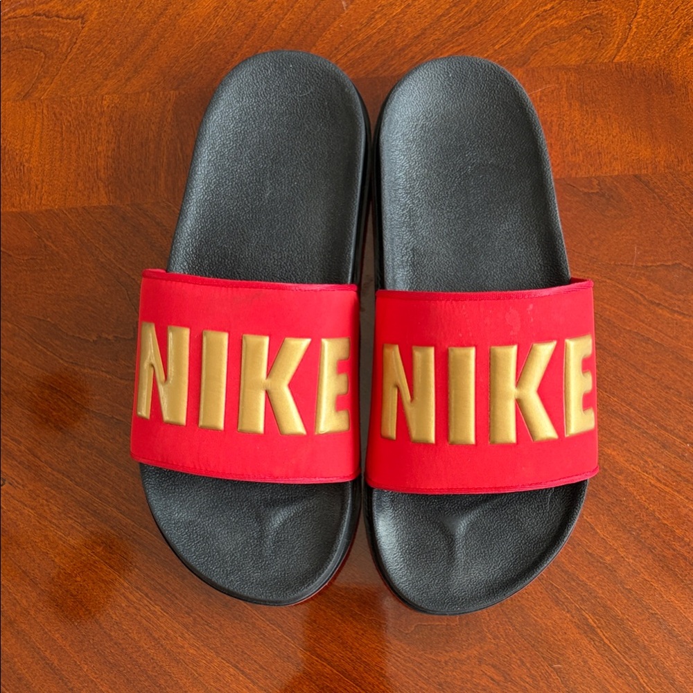 Nike Red and Gold Slide Sandals